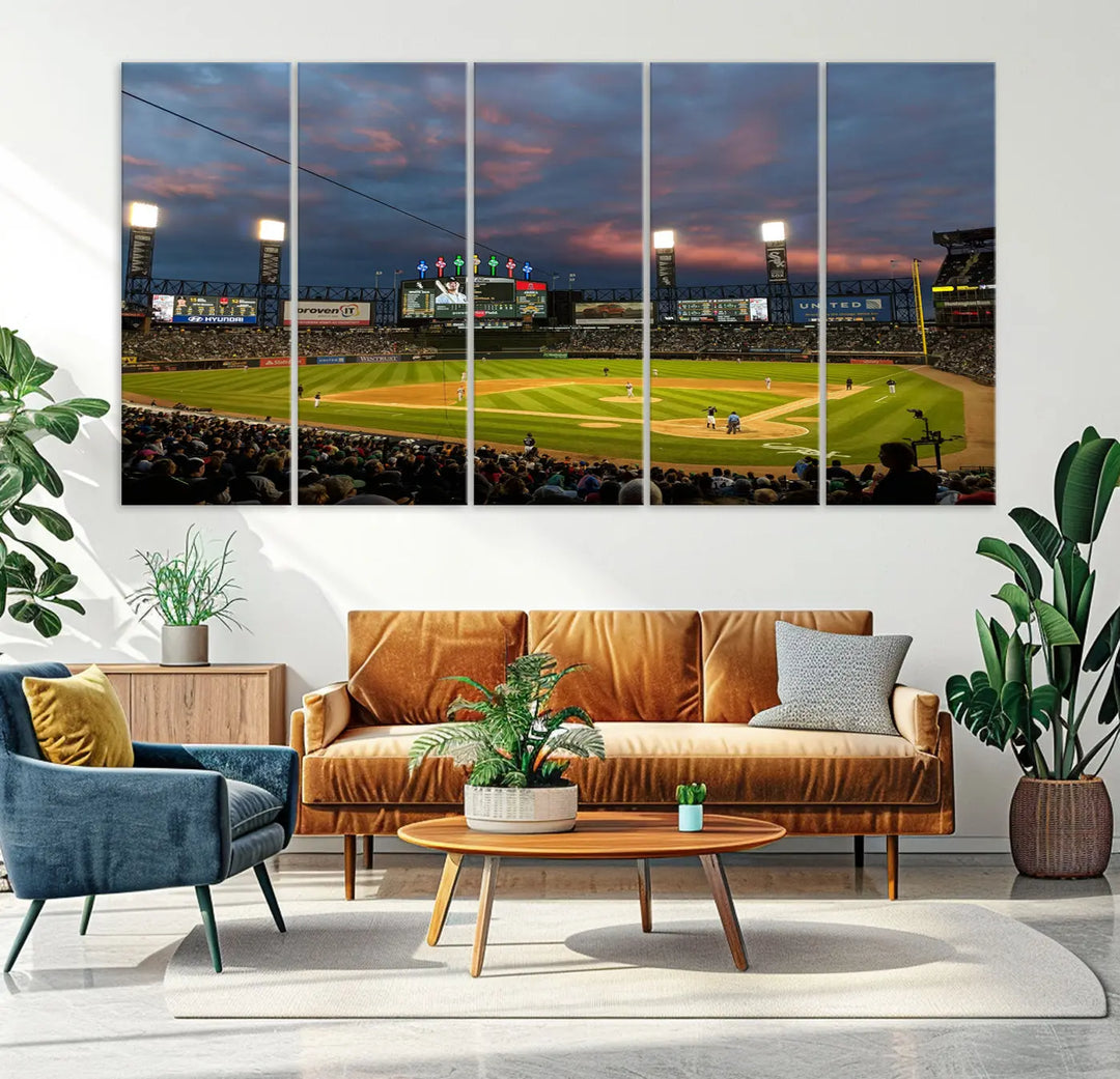 A living room showcases the "Chicago White Sox Baseball Team Print - Guaranteed Rate Field Stadium Wall Art Canvas Print," set on museum-quality canvas as a triptych.