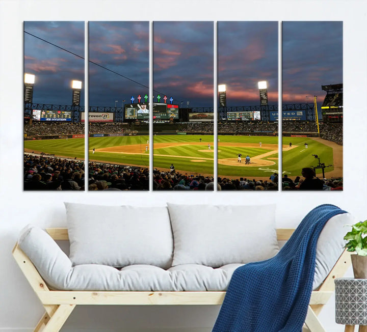 A living room showcases the "Chicago White Sox Baseball Team Print - Guaranteed Rate Field Stadium Wall Art Canvas Print," set on museum-quality canvas as a triptych.