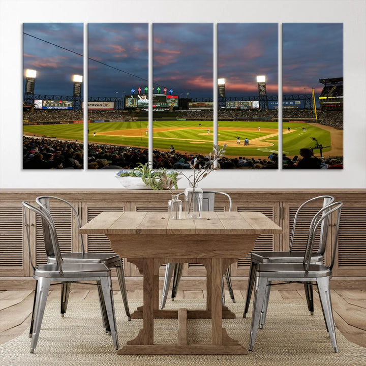 A living room showcases the "Chicago White Sox Baseball Team Print - Guaranteed Rate Field Stadium Wall Art Canvas Print," set on museum-quality canvas as a triptych.