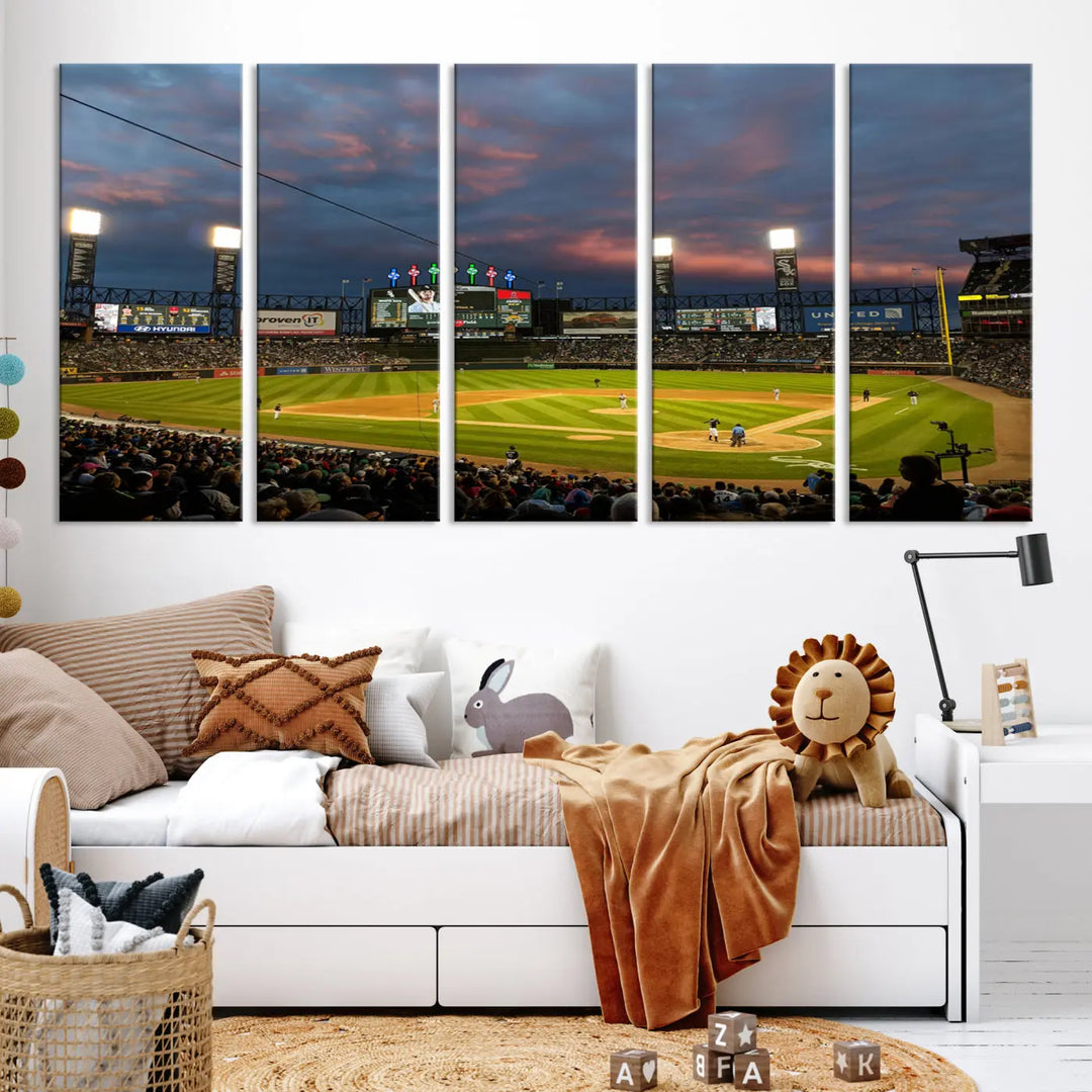 A living room showcases the "Chicago White Sox Baseball Team Print - Guaranteed Rate Field Stadium Wall Art Canvas Print," set on museum-quality canvas as a triptych.