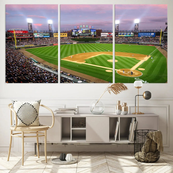 A high-resolution Chicago White Sox Baseball Team Print, featuring Guaranteed Rate Field Stadium at sunset on museum-quality canvas with UV-protective coating, is displayed.