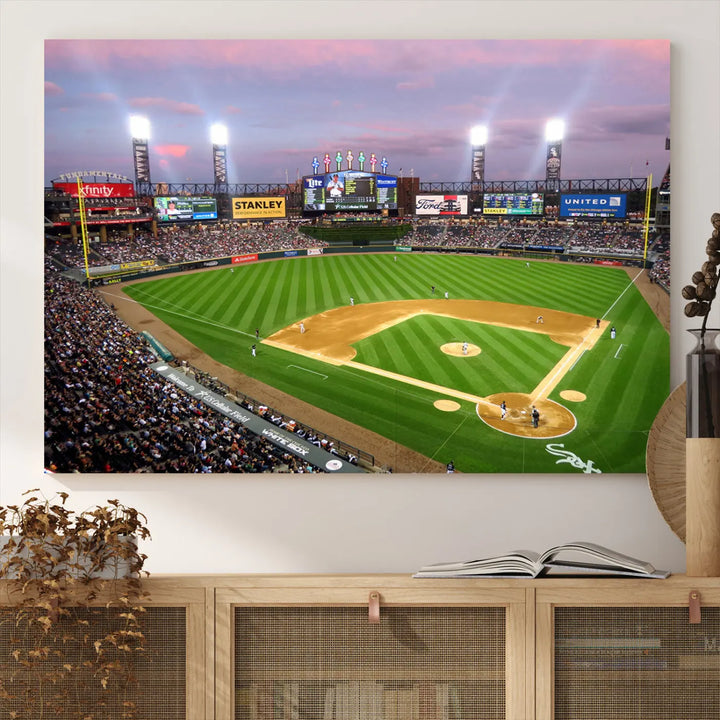 A high-resolution Chicago White Sox Baseball Team Print, featuring Guaranteed Rate Field Stadium at sunset on museum-quality canvas with UV-protective coating, is displayed.