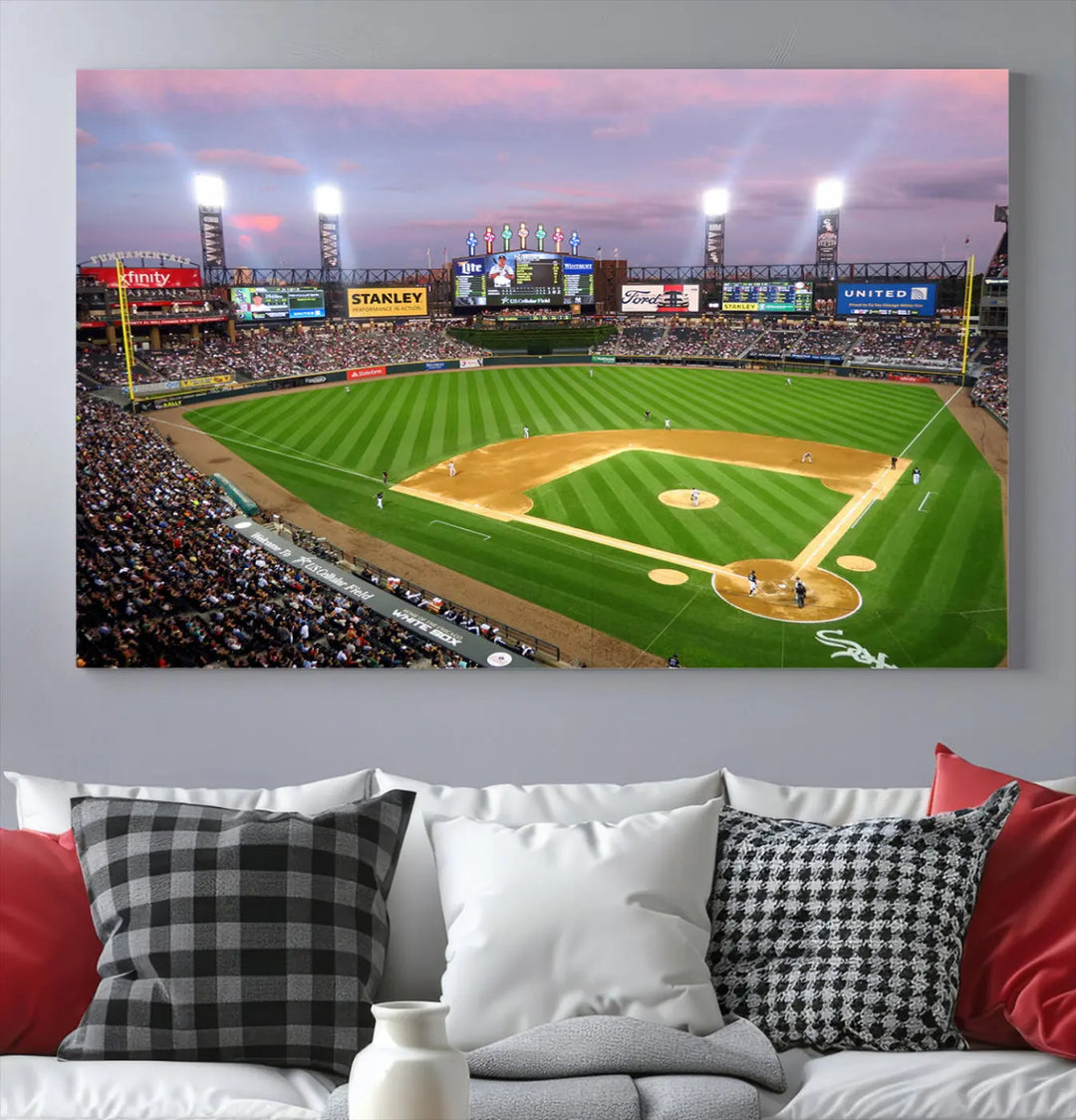 A high-resolution Chicago White Sox Baseball Team Print, featuring Guaranteed Rate Field Stadium at sunset on museum-quality canvas with UV-protective coating, is displayed.