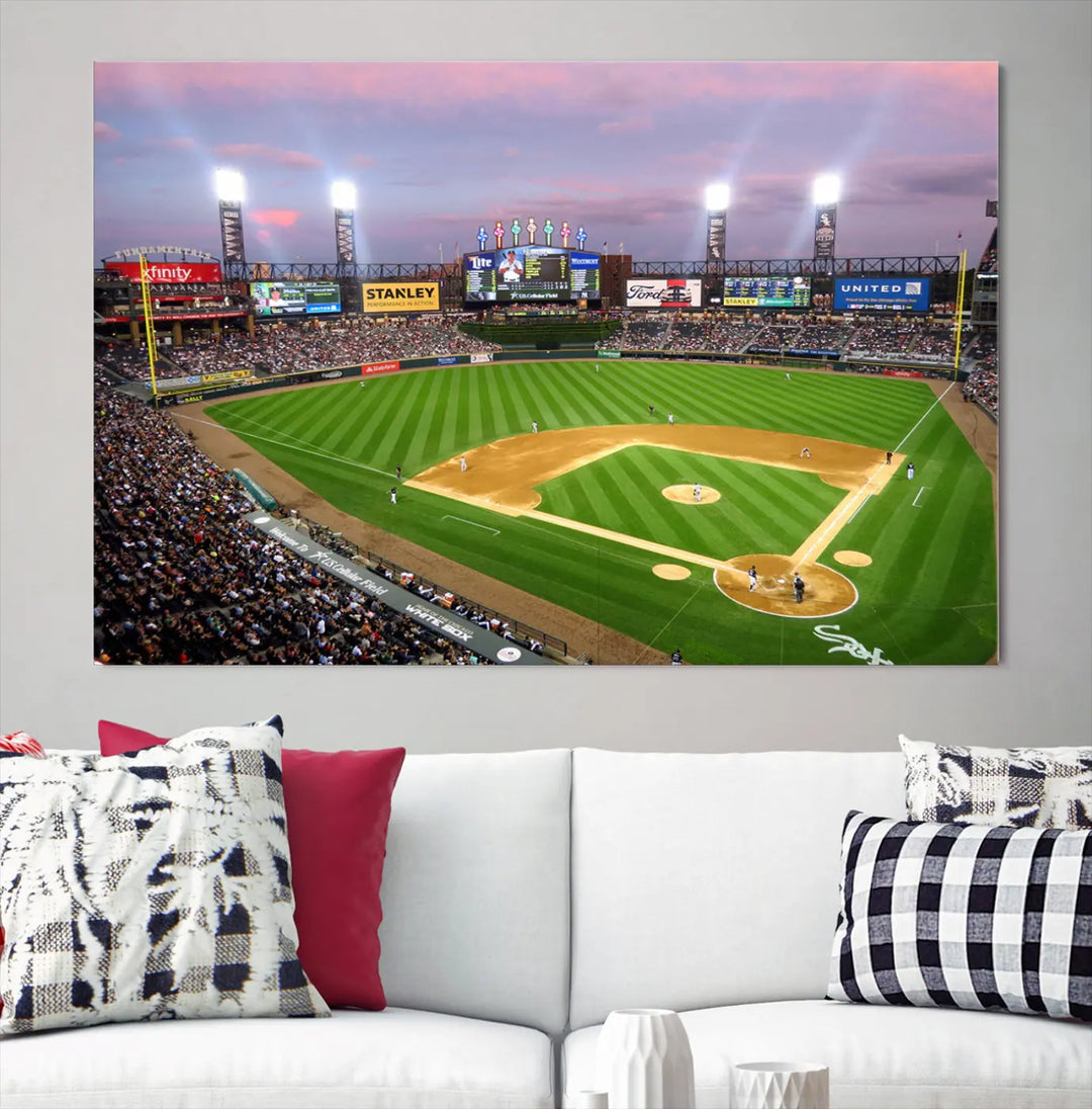 A high-resolution Chicago White Sox Baseball Team Print, featuring Guaranteed Rate Field Stadium at sunset on museum-quality canvas with UV-protective coating, is displayed.