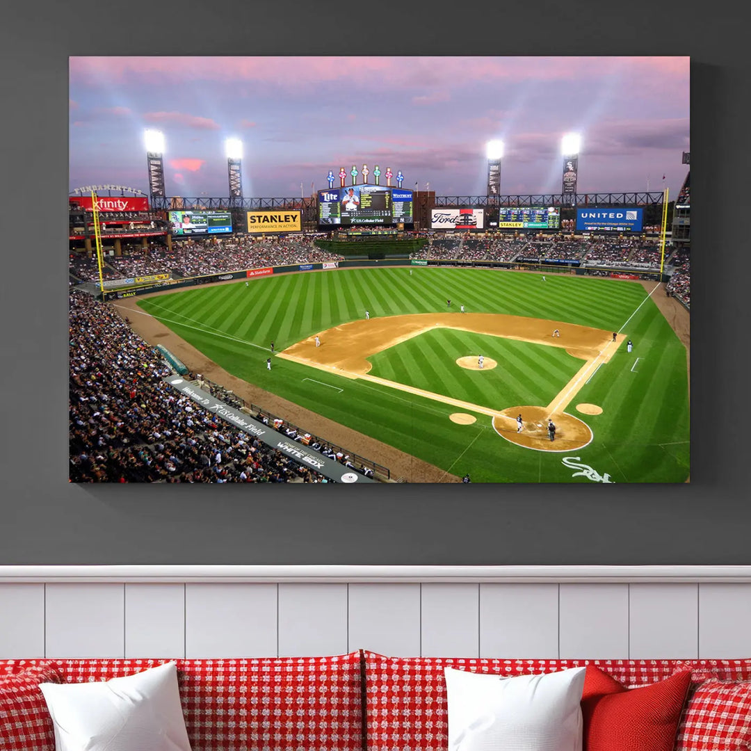 A high-resolution Chicago White Sox Baseball Team Print, featuring Guaranteed Rate Field Stadium at sunset on museum-quality canvas with UV-protective coating, is displayed.