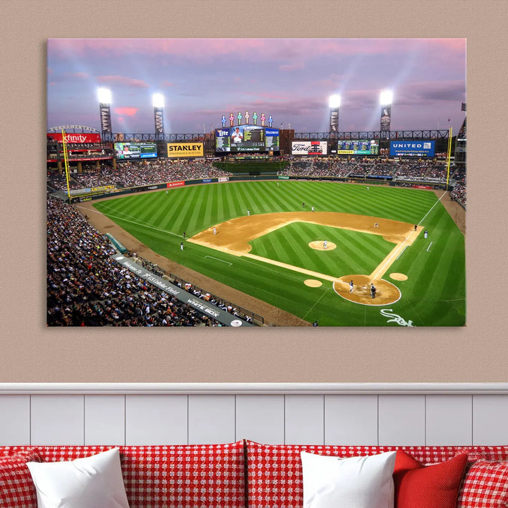 A high-resolution Chicago White Sox Baseball Team Print, featuring Guaranteed Rate Field Stadium at sunset on museum-quality canvas with UV-protective coating, is displayed.