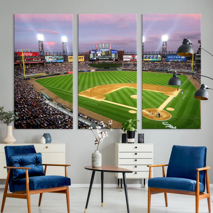 A high-resolution Chicago White Sox Baseball Team Print, featuring Guaranteed Rate Field Stadium at sunset on museum-quality canvas with UV-protective coating, is displayed.