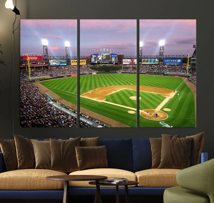 A high-resolution Chicago White Sox Baseball Team Print, featuring Guaranteed Rate Field Stadium at sunset on museum-quality canvas with UV-protective coating, is displayed.