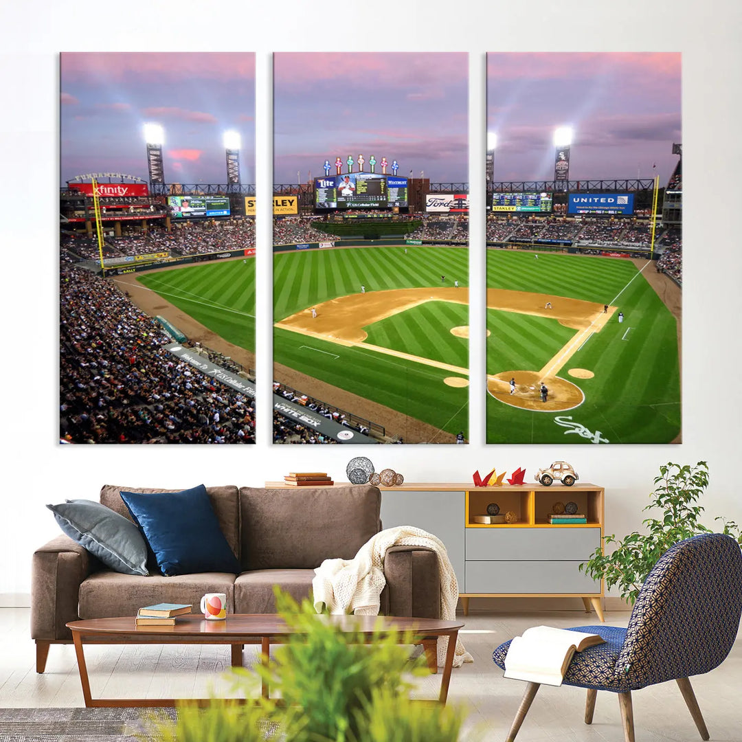 A high-resolution Chicago White Sox Baseball Team Print, featuring Guaranteed Rate Field Stadium at sunset on museum-quality canvas with UV-protective coating, is displayed.