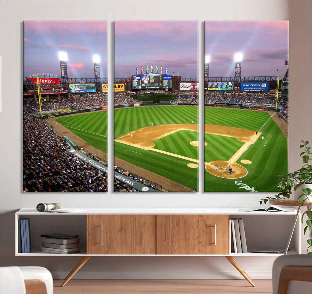 A high-resolution Chicago White Sox Baseball Team Print, featuring Guaranteed Rate Field Stadium at sunset on museum-quality canvas with UV-protective coating, is displayed.