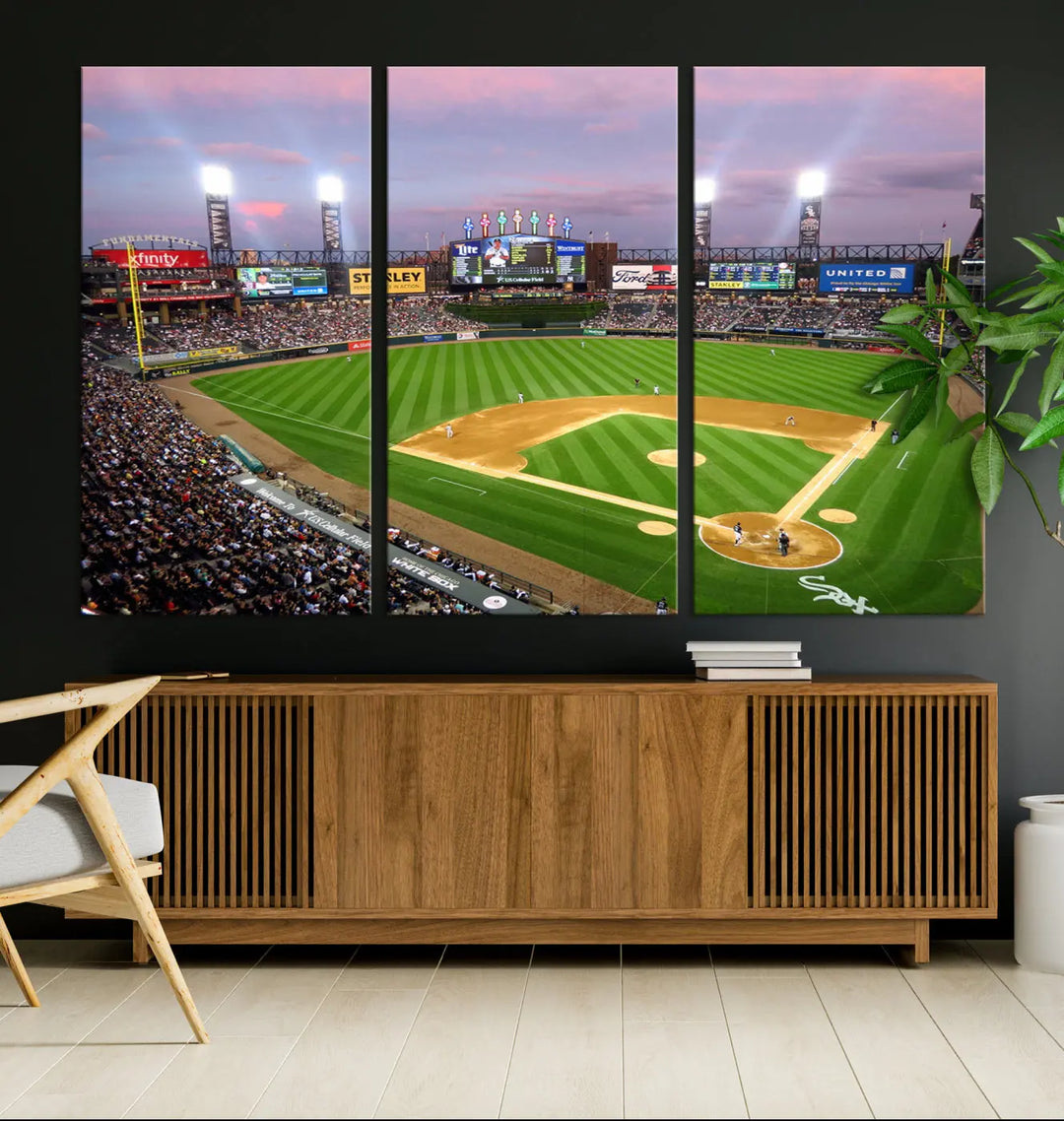 A high-resolution Chicago White Sox Baseball Team Print, featuring Guaranteed Rate Field Stadium at sunset on museum-quality canvas with UV-protective coating, is displayed.