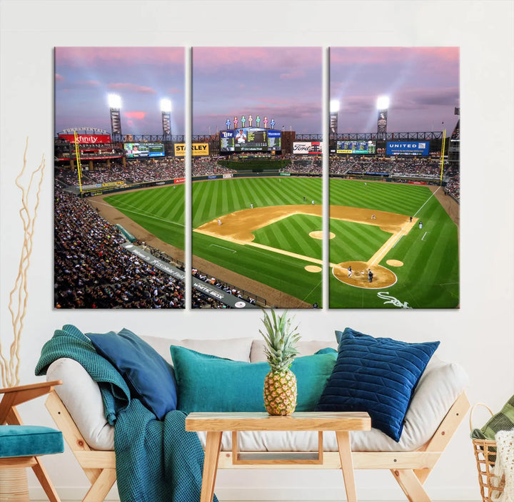 A high-resolution Chicago White Sox Baseball Team Print, featuring Guaranteed Rate Field Stadium at sunset on museum-quality canvas with UV-protective coating, is displayed.