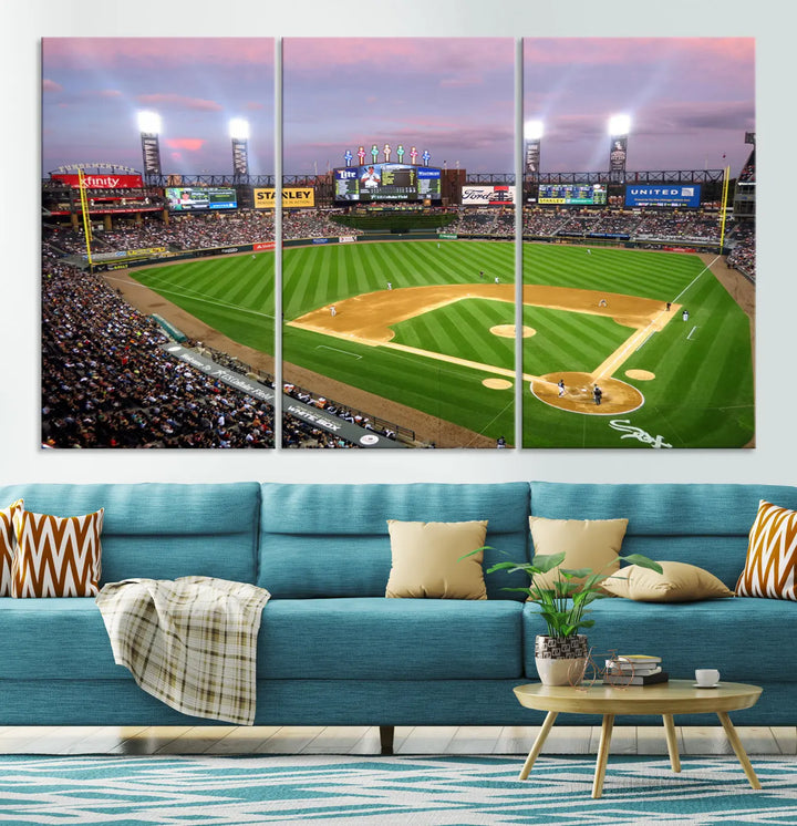 A high-resolution Chicago White Sox Baseball Team Print, featuring Guaranteed Rate Field Stadium at sunset on museum-quality canvas with UV-protective coating, is displayed.