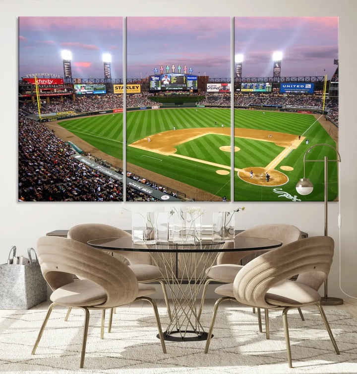 A high-resolution Chicago White Sox Baseball Team Print, featuring Guaranteed Rate Field Stadium at sunset on museum-quality canvas with UV-protective coating, is displayed.