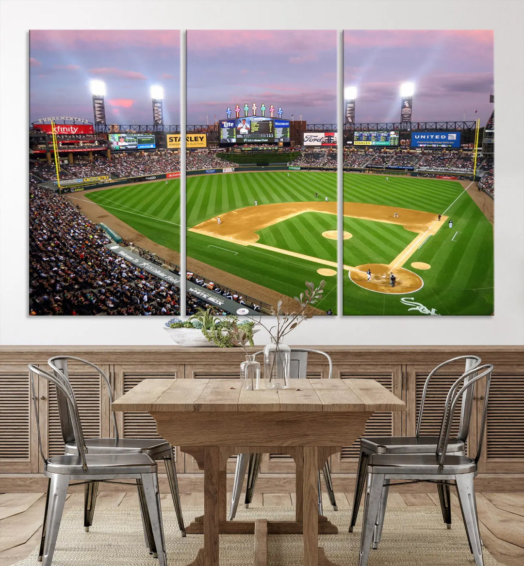 A high-resolution Chicago White Sox Baseball Team Print, featuring Guaranteed Rate Field Stadium at sunset on museum-quality canvas with UV-protective coating, is displayed.