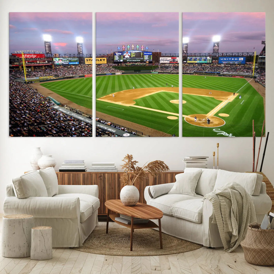 A high-resolution Chicago White Sox Baseball Team Print, featuring Guaranteed Rate Field Stadium at sunset on museum-quality canvas with UV-protective coating, is displayed.