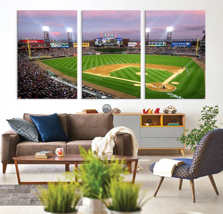 A high-resolution Chicago White Sox Baseball Team Print, featuring Guaranteed Rate Field Stadium at sunset on museum-quality canvas with UV-protective coating, is displayed.