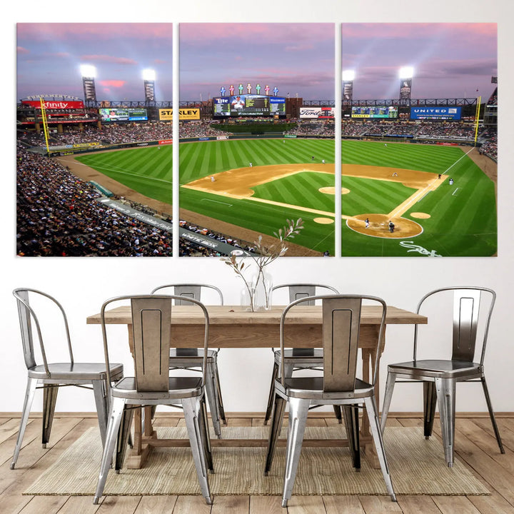 A high-resolution Chicago White Sox Baseball Team Print, featuring Guaranteed Rate Field Stadium at sunset on museum-quality canvas with UV-protective coating, is displayed.