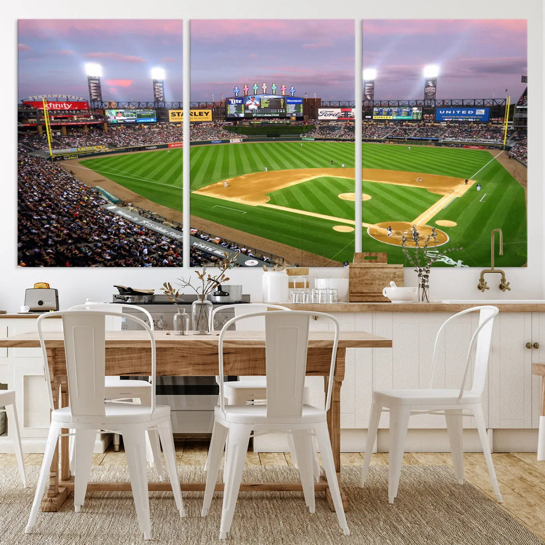 A high-resolution Chicago White Sox Baseball Team Print, featuring Guaranteed Rate Field Stadium at sunset on museum-quality canvas with UV-protective coating, is displayed.