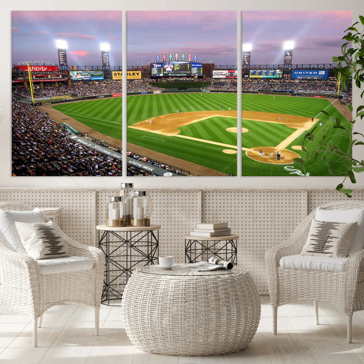 A high-resolution Chicago White Sox Baseball Team Print, featuring Guaranteed Rate Field Stadium at sunset on museum-quality canvas with UV-protective coating, is displayed.