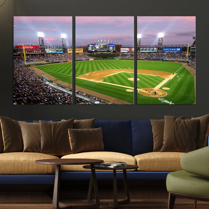 A high-resolution Chicago White Sox Baseball Team Print, featuring Guaranteed Rate Field Stadium at sunset on museum-quality canvas with UV-protective coating, is displayed.