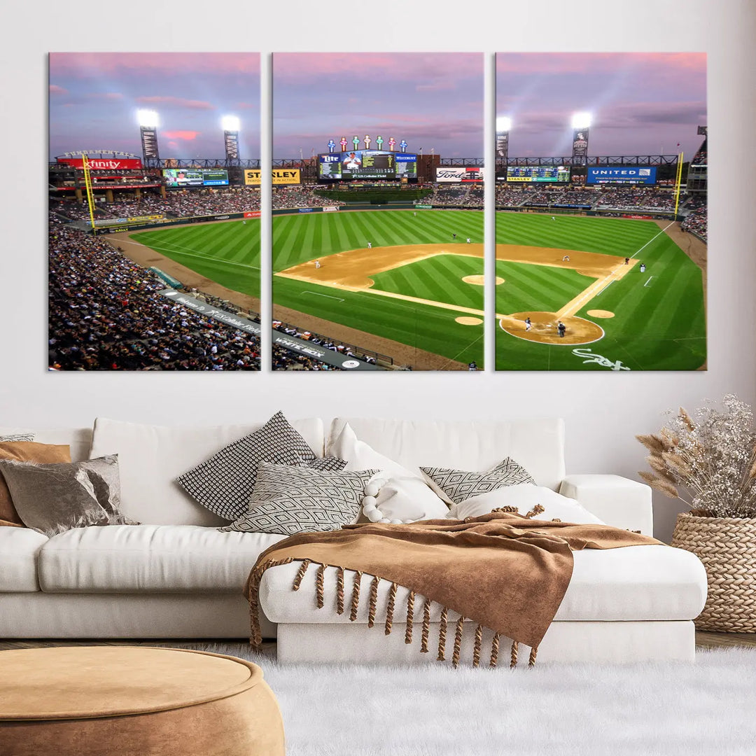 A high-resolution Chicago White Sox Baseball Team Print, featuring Guaranteed Rate Field Stadium at sunset on museum-quality canvas with UV-protective coating, is displayed.