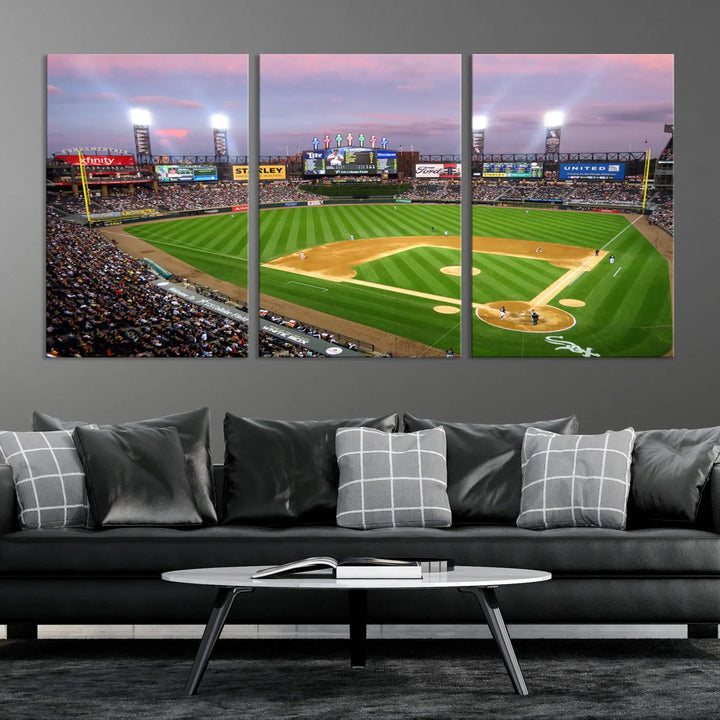 A high-resolution Chicago White Sox Baseball Team Print, featuring Guaranteed Rate Field Stadium at sunset on museum-quality canvas with UV-protective coating, is displayed.