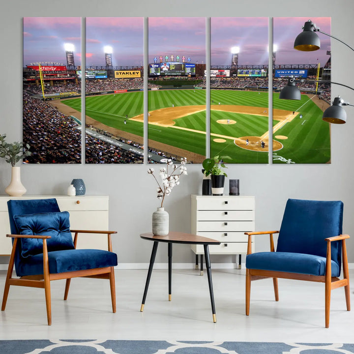 A high-resolution Chicago White Sox Baseball Team Print, featuring Guaranteed Rate Field Stadium at sunset on museum-quality canvas with UV-protective coating, is displayed.