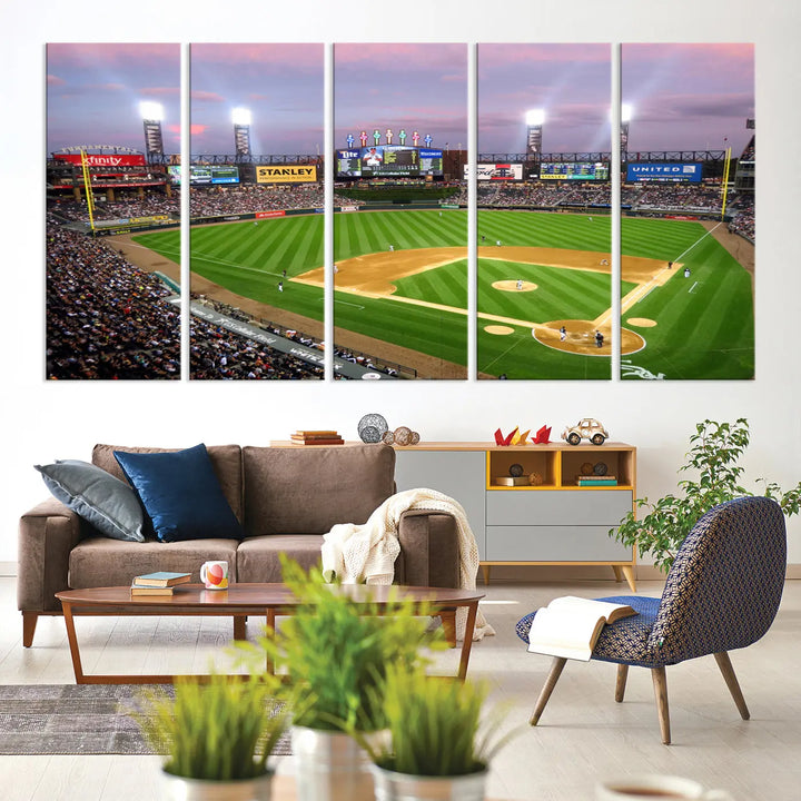 A high-resolution Chicago White Sox Baseball Team Print, featuring Guaranteed Rate Field Stadium at sunset on museum-quality canvas with UV-protective coating, is displayed.