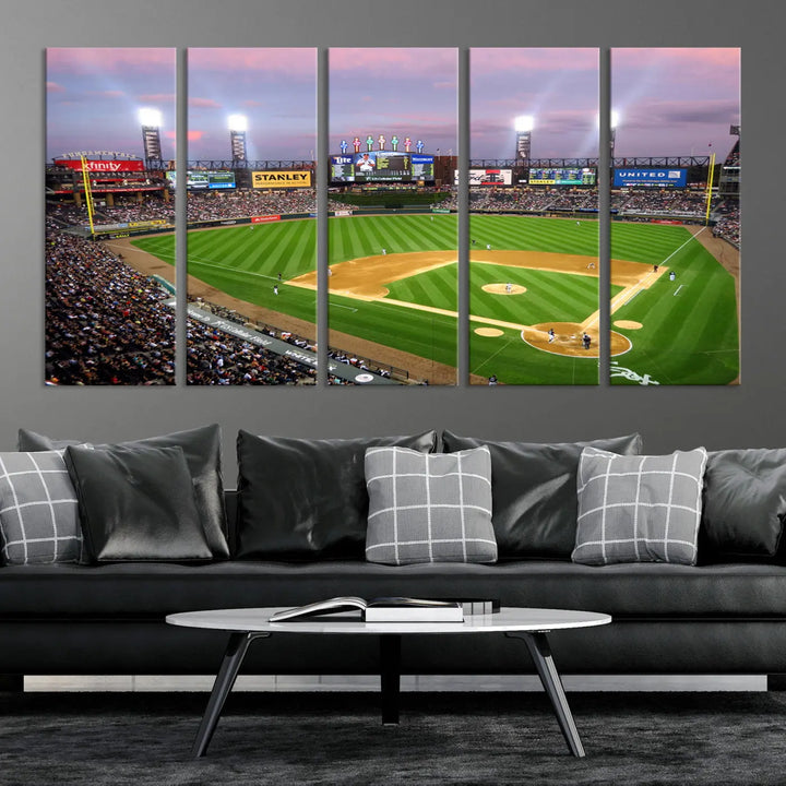 A high-resolution Chicago White Sox Baseball Team Print, featuring Guaranteed Rate Field Stadium at sunset on museum-quality canvas with UV-protective coating, is displayed.