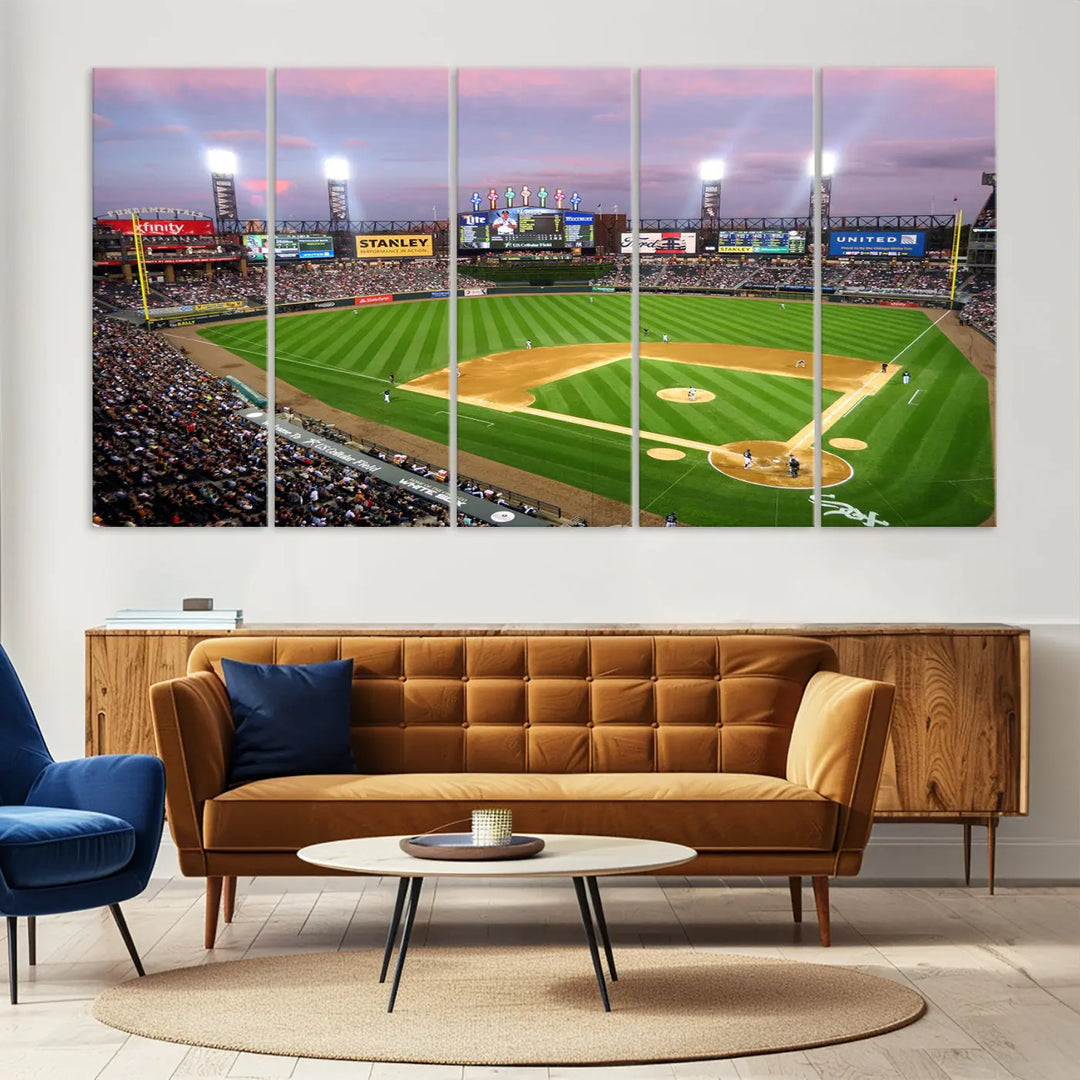 A high-resolution Chicago White Sox Baseball Team Print, featuring Guaranteed Rate Field Stadium at sunset on museum-quality canvas with UV-protective coating, is displayed.