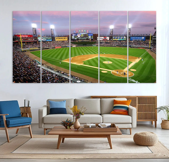 A high-resolution Chicago White Sox Baseball Team Print, featuring Guaranteed Rate Field Stadium at sunset on museum-quality canvas with UV-protective coating, is displayed.