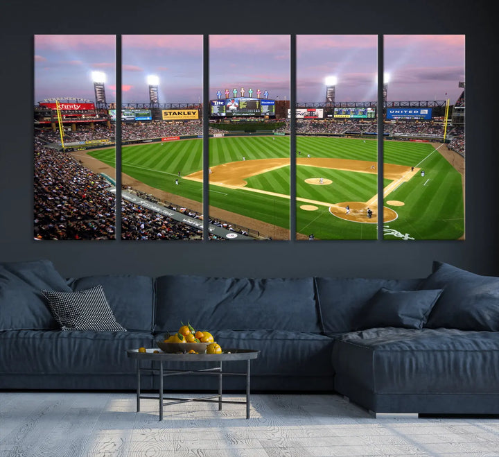 A high-resolution Chicago White Sox Baseball Team Print, featuring Guaranteed Rate Field Stadium at sunset on museum-quality canvas with UV-protective coating, is displayed.