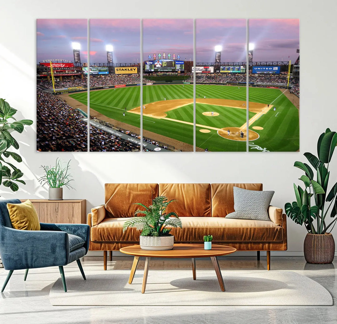 A high-resolution Chicago White Sox Baseball Team Print, featuring Guaranteed Rate Field Stadium at sunset on museum-quality canvas with UV-protective coating, is displayed.