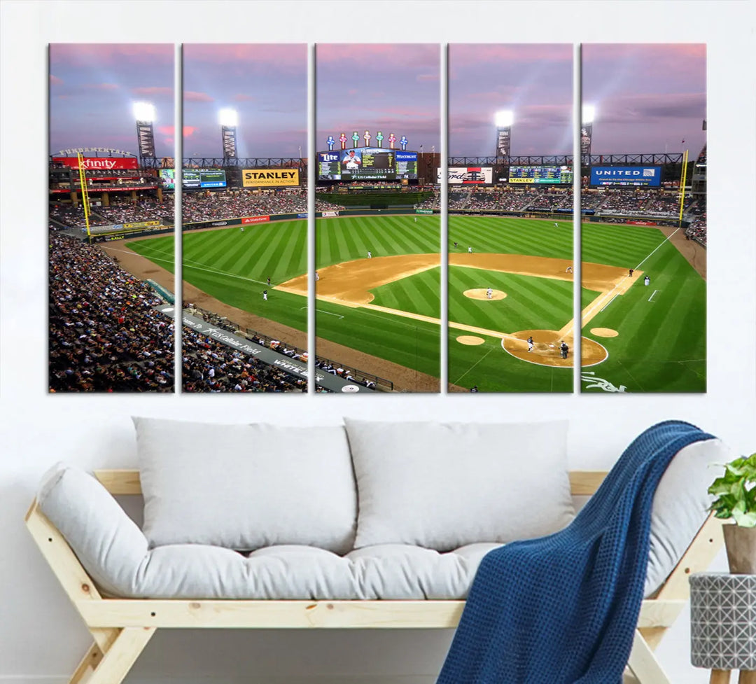 A high-resolution Chicago White Sox Baseball Team Print, featuring Guaranteed Rate Field Stadium at sunset on museum-quality canvas with UV-protective coating, is displayed.