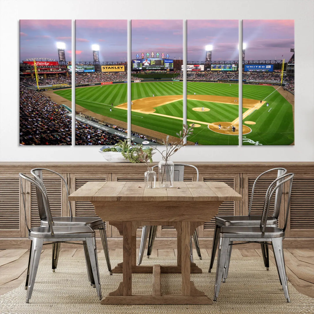 A high-resolution Chicago White Sox Baseball Team Print, featuring Guaranteed Rate Field Stadium at sunset on museum-quality canvas with UV-protective coating, is displayed.