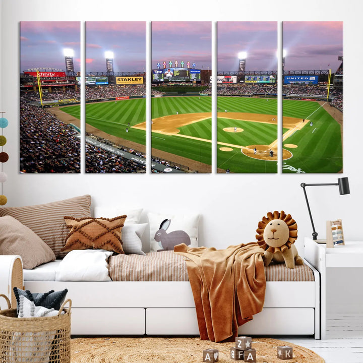 A high-resolution Chicago White Sox Baseball Team Print, featuring Guaranteed Rate Field Stadium at sunset on museum-quality canvas with UV-protective coating, is displayed.