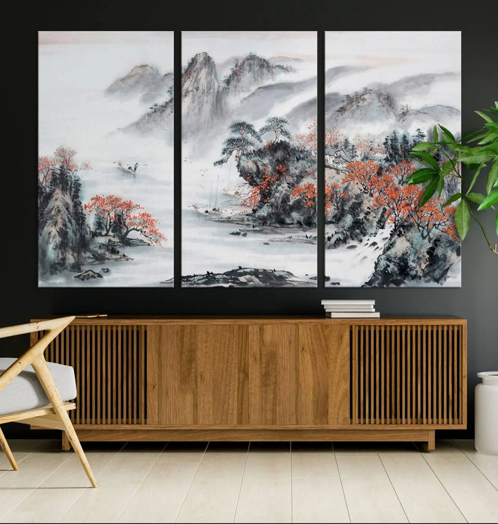 The "Chinese Mountains Trees Canvas Wall Art Print" adds a graceful touch to the space. Crafted on museum-quality canvas and gallery wrapped, it exudes timeless allure while offering lasting beauty with its UV-protective coating.