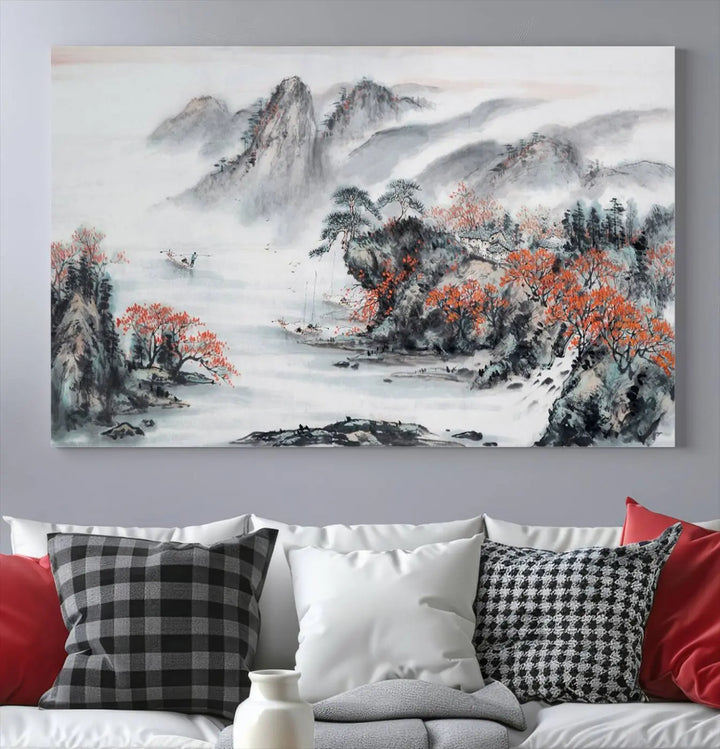 The "Chinese Mountains Trees Canvas Wall Art Print" adds a graceful touch to the space. Crafted on museum-quality canvas and gallery wrapped, it exudes timeless allure while offering lasting beauty with its UV-protective coating.