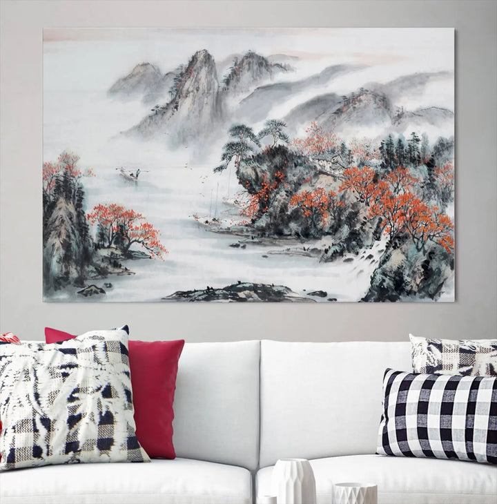 The "Chinese Mountains Trees Canvas Wall Art Print" adds a graceful touch to the space. Crafted on museum-quality canvas and gallery wrapped, it exudes timeless allure while offering lasting beauty with its UV-protective coating.