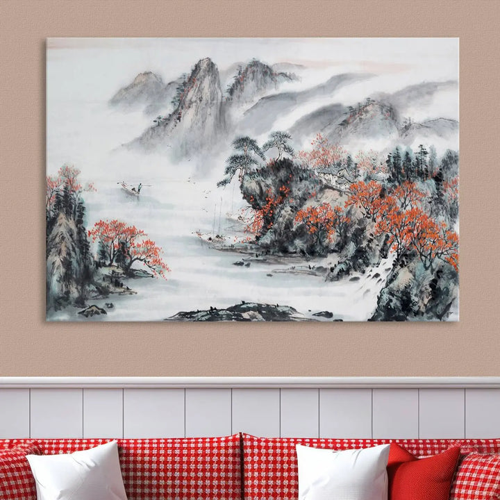 The "Chinese Mountains Trees Canvas Wall Art Print" adds a graceful touch to the space. Crafted on museum-quality canvas and gallery wrapped, it exudes timeless allure while offering lasting beauty with its UV-protective coating.