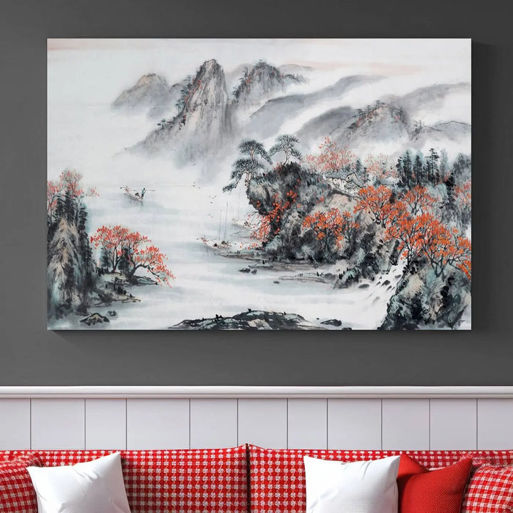 The "Chinese Mountains Trees Canvas Wall Art Print" adds a graceful touch to the space. Crafted on museum-quality canvas and gallery wrapped, it exudes timeless allure while offering lasting beauty with its UV-protective coating.