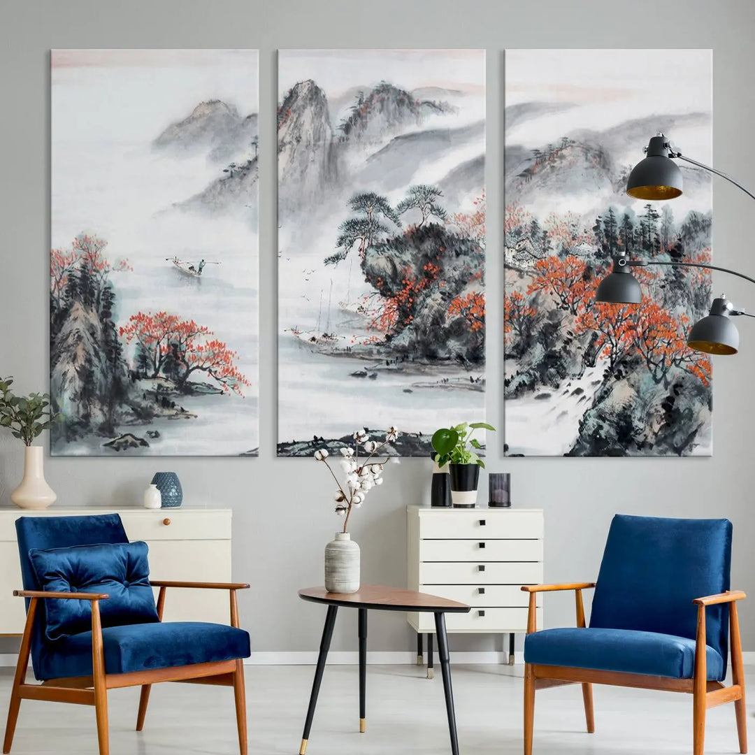 The "Chinese Mountains Trees Canvas Wall Art Print" adds a graceful touch to the space. Crafted on museum-quality canvas and gallery wrapped, it exudes timeless allure while offering lasting beauty with its UV-protective coating.