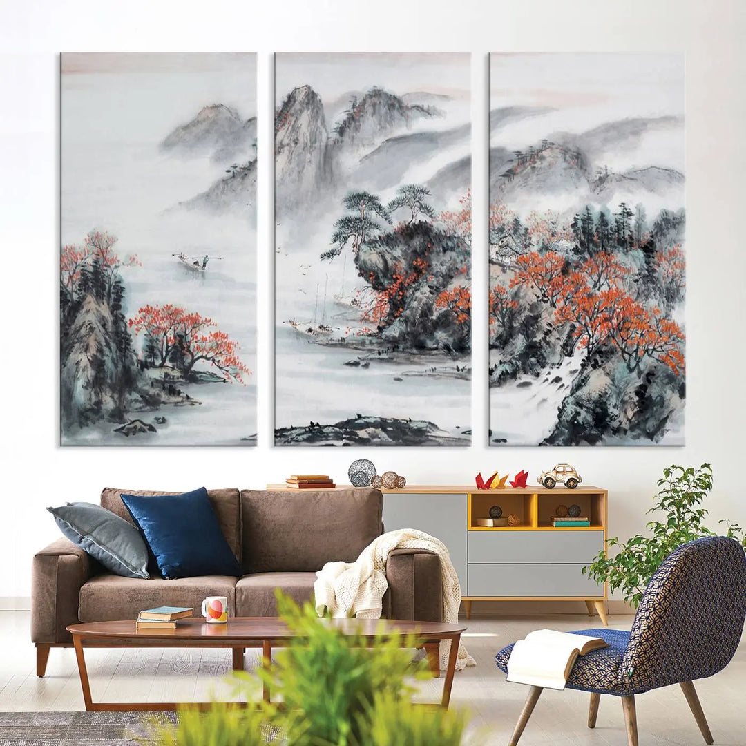 The "Chinese Mountains Trees Canvas Wall Art Print" adds a graceful touch to the space. Crafted on museum-quality canvas and gallery wrapped, it exudes timeless allure while offering lasting beauty with its UV-protective coating.