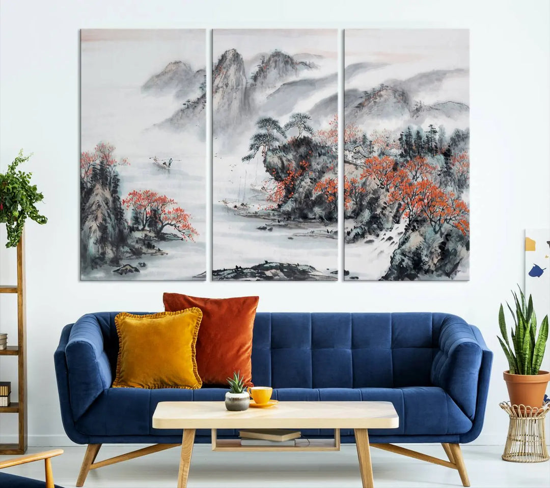 The "Chinese Mountains Trees Canvas Wall Art Print" adds a graceful touch to the space. Crafted on museum-quality canvas and gallery wrapped, it exudes timeless allure while offering lasting beauty with its UV-protective coating.