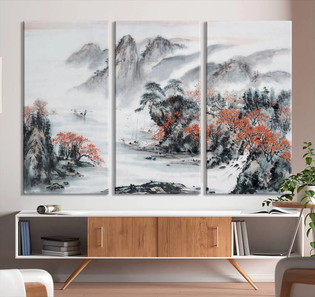 The "Chinese Mountains Trees Canvas Wall Art Print" adds a graceful touch to the space. Crafted on museum-quality canvas and gallery wrapped, it exudes timeless allure while offering lasting beauty with its UV-protective coating.