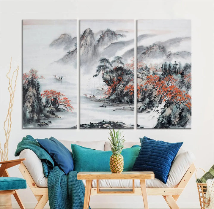 The "Chinese Mountains Trees Canvas Wall Art Print" adds a graceful touch to the space. Crafted on museum-quality canvas and gallery wrapped, it exudes timeless allure while offering lasting beauty with its UV-protective coating.