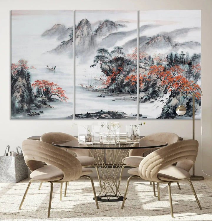 The "Chinese Mountains Trees Canvas Wall Art Print" adds a graceful touch to the space. Crafted on museum-quality canvas and gallery wrapped, it exudes timeless allure while offering lasting beauty with its UV-protective coating.