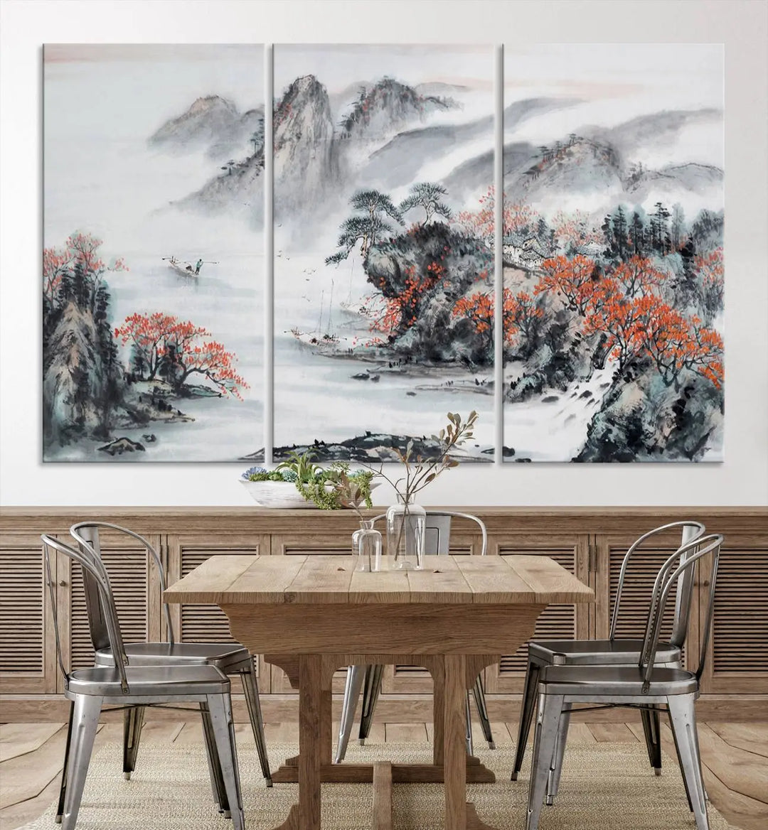 The "Chinese Mountains Trees Canvas Wall Art Print" adds a graceful touch to the space. Crafted on museum-quality canvas and gallery wrapped, it exudes timeless allure while offering lasting beauty with its UV-protective coating.