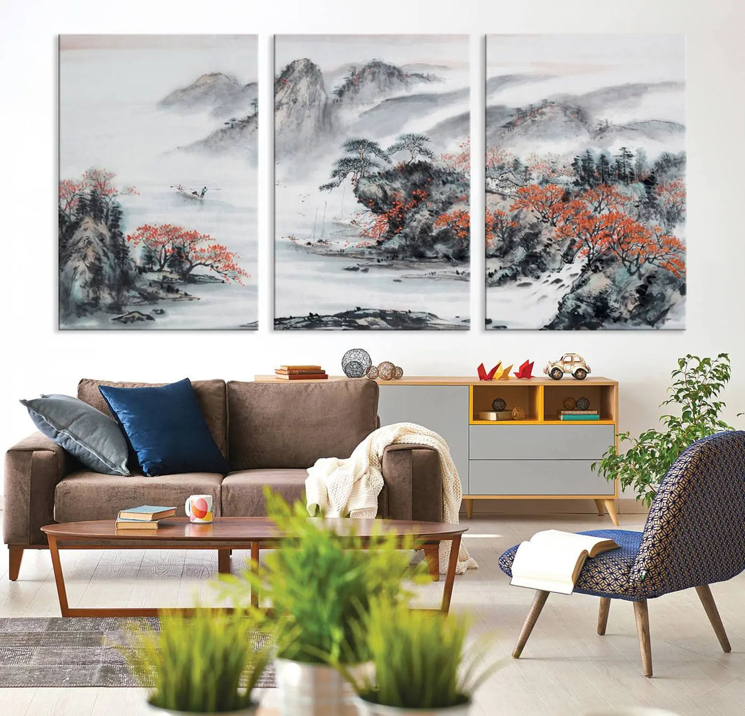 The "Chinese Mountains Trees Canvas Wall Art Print" adds a graceful touch to the space. Crafted on museum-quality canvas and gallery wrapped, it exudes timeless allure while offering lasting beauty with its UV-protective coating.